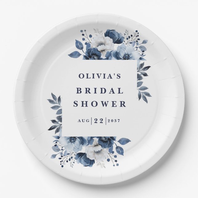Navy Blue Elegant Country Floral Bridal Shower Paper Plates (Front)
