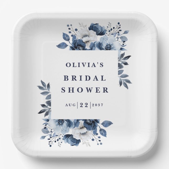 Navy Blue Elegant Country Floral Bridal Shower Paper Plates (Front)