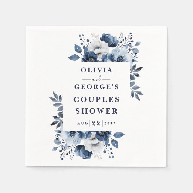 Navy Blue Elegant Country Floral Couples Shower Napkins (Front)