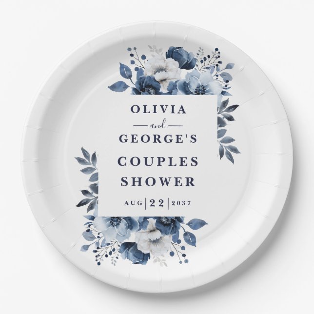 Navy Blue Elegant Country Floral Couples Shower Paper Plates (Front)