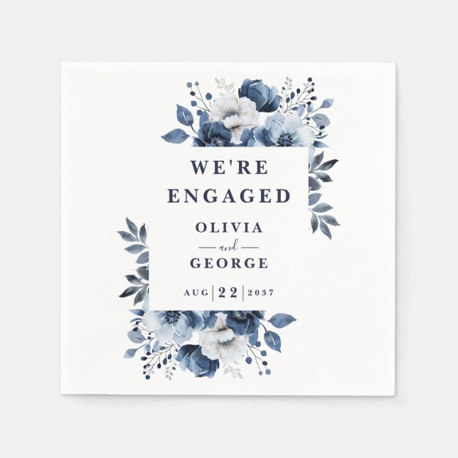 Navy Blue Elegant Country Floral Engagement Party Napkins (Front)