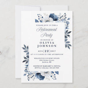Navy Blue Elegant Country Floral Retirement Party Invitation