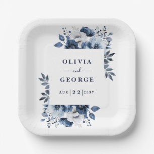 Navy Blue Elegant Country Floral Wedding Paper Plates