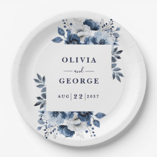 Navy Blue Elegant Country Floral Wedding Paper Plates