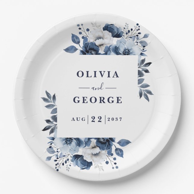 Navy Blue Elegant Country Floral Wedding Paper Plates (Front)