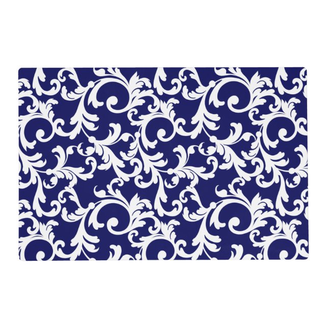 Navy Blue Elegant Damask Print Placemat (Front)