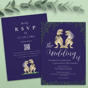 Navy Blue Elegant Dinosaur Wedding QR Code Invitation