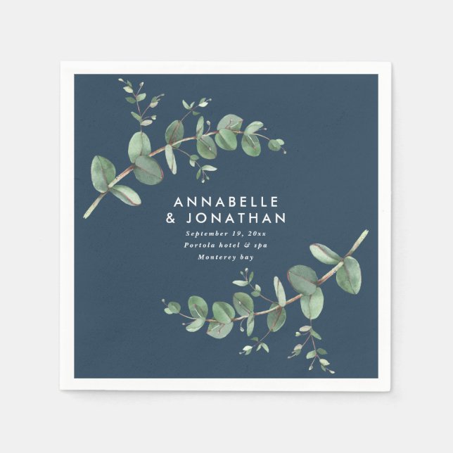 Navy blue elegant eucalyptus foliage wedding napkins (Front)