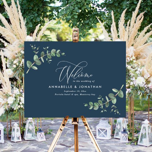 Navy blue elegant eucalyptus welcome decor wedding foam board