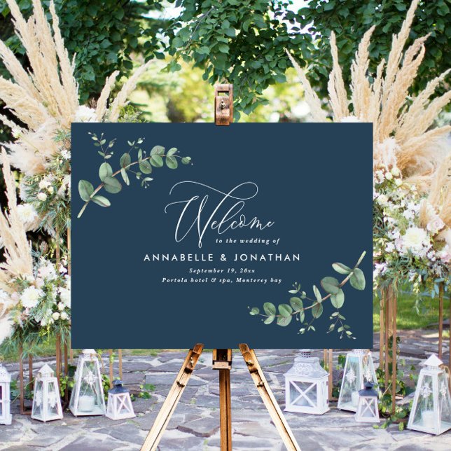 Navy blue elegant eucalyptus welcome decor wedding foam board (Creator Uploaded)