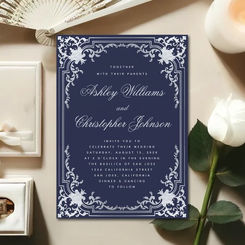 Navy Blue Elegant  Faux Silver Vintage Wedding Invitation