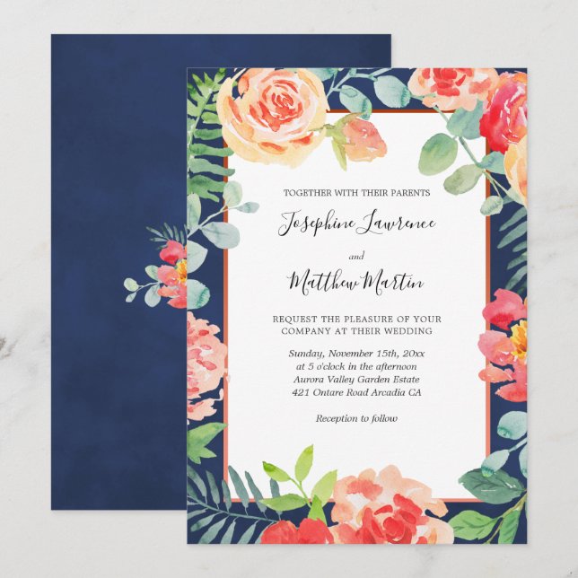 Navy Blue Elegant Floral Blooms Wedding Invitation (Front/Back)