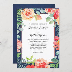 Navy Blue Elegant Floral Blooms Wedding Invitation