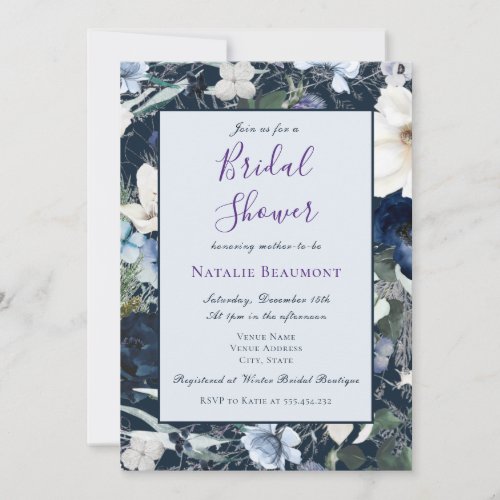 Navy Blue Elegant Floral Bridal Shower Invitation