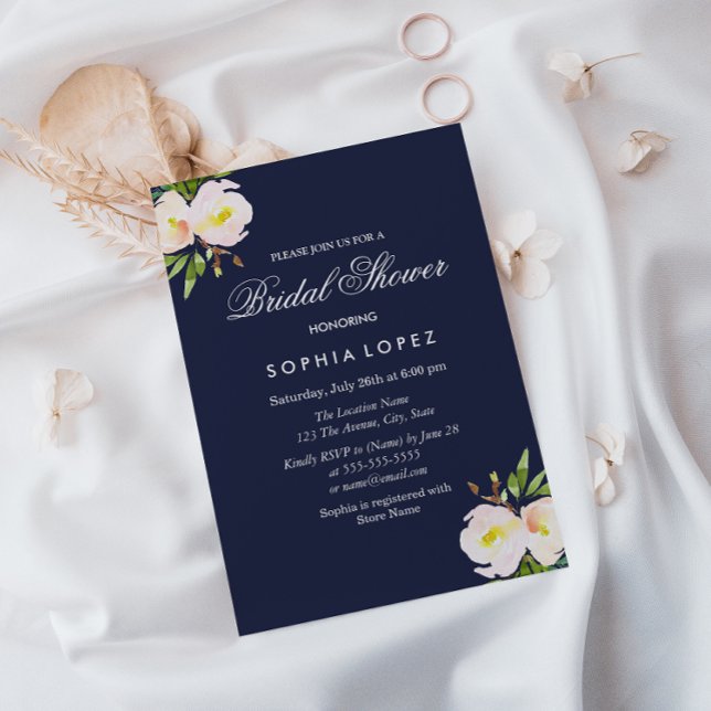 Navy Blue Elegant Floral Bridal Shower Invitation (Creator Uploaded)