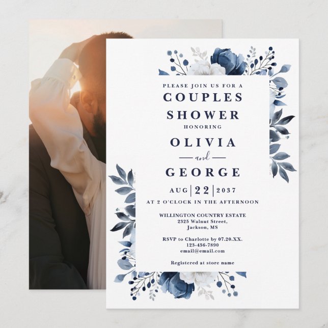 Navy Blue Elegant Floral Couples Shower Photo Invitation (Front/Back)