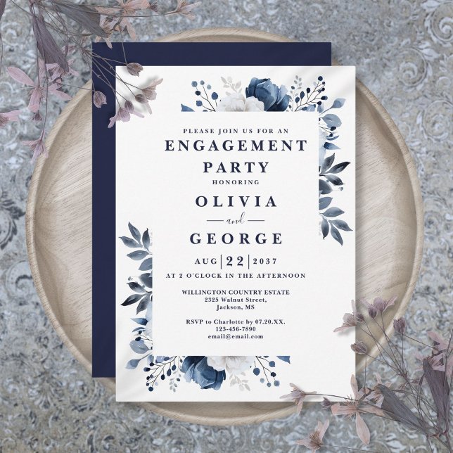 Navy Blue Elegant Floral Engagement Party Invitation (Navy Blue Elegant Floral Engagement Party Invitation)
