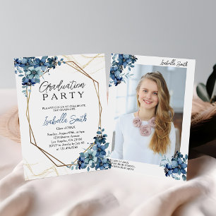 Navy Blue Elegant Floral Graduation Party Photo Invitation