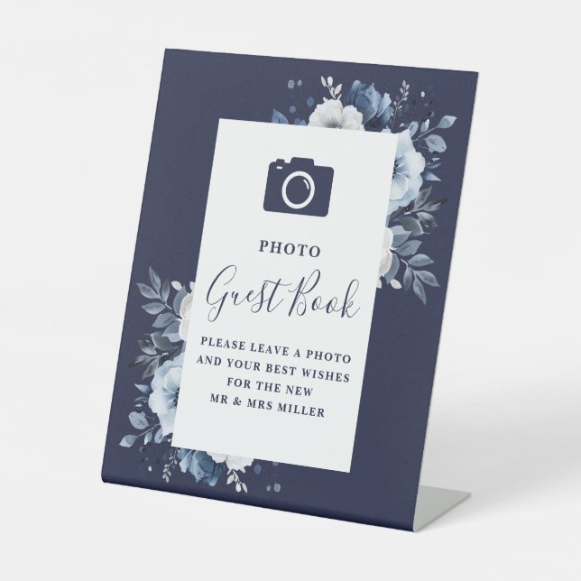 Navy Blue Elegant Floral Photo Guest Book Wedding Pedestal Sign (Front)