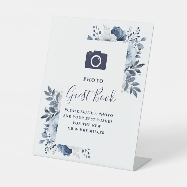 Navy Blue Elegant Floral Photo Guest Book Wedding Pedestal Sign (Front)