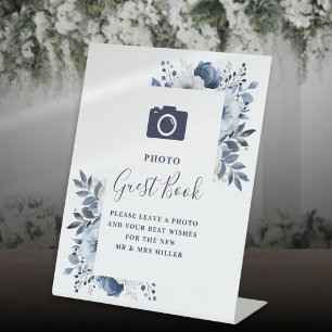 Navy Blue Elegant Floral Photo Guest Book Wedding Pedestal Sign