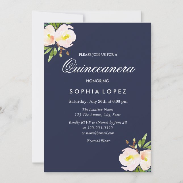 Navy Blue Elegant Floral Quinceanera Invitation (Front)
