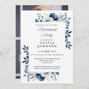 Navy Blue Elegant Floral Retirement Party Photo Invitation