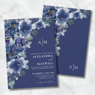 Navy Blue Elegant Floral Wedding Invitation