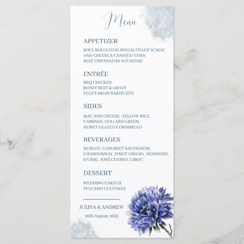 Navy blue elegant floral Wedding Menu card 