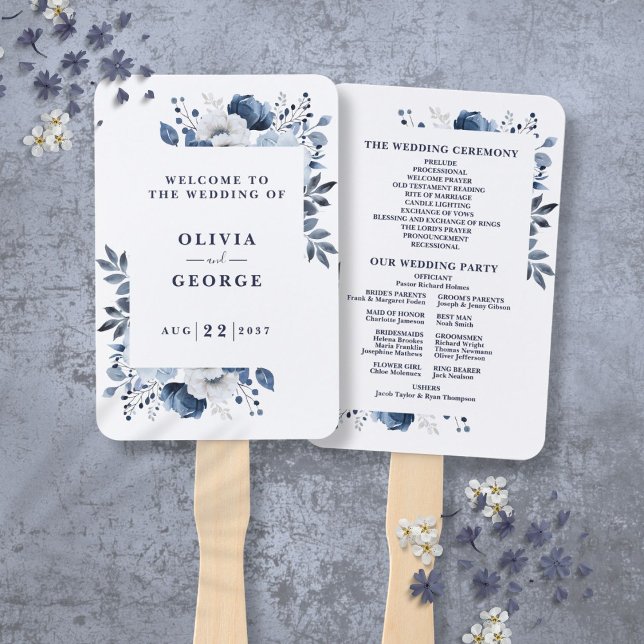 Navy Blue Elegant Floral Wedding Program Hand Fan (Navy Blue Elegant Floral Wedding Program Hand Fan)