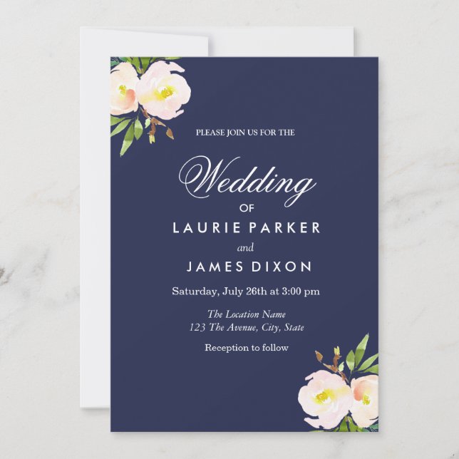 Navy Blue Elegant Floral Yellow Wedding Invitation (Front)