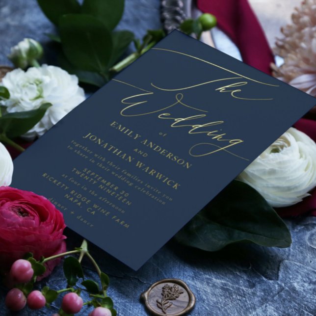 Navy Blue Elegant Full Real Gold The Wedding Foil Invitation (Creator Uploaded)