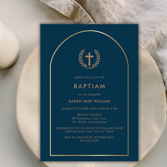 Navy Blue Elegant Gold Arch Wreath Cross Baptism Invitation (Navy Blue Elegant Gold Arch Wreath Cross Baptism Invitation)