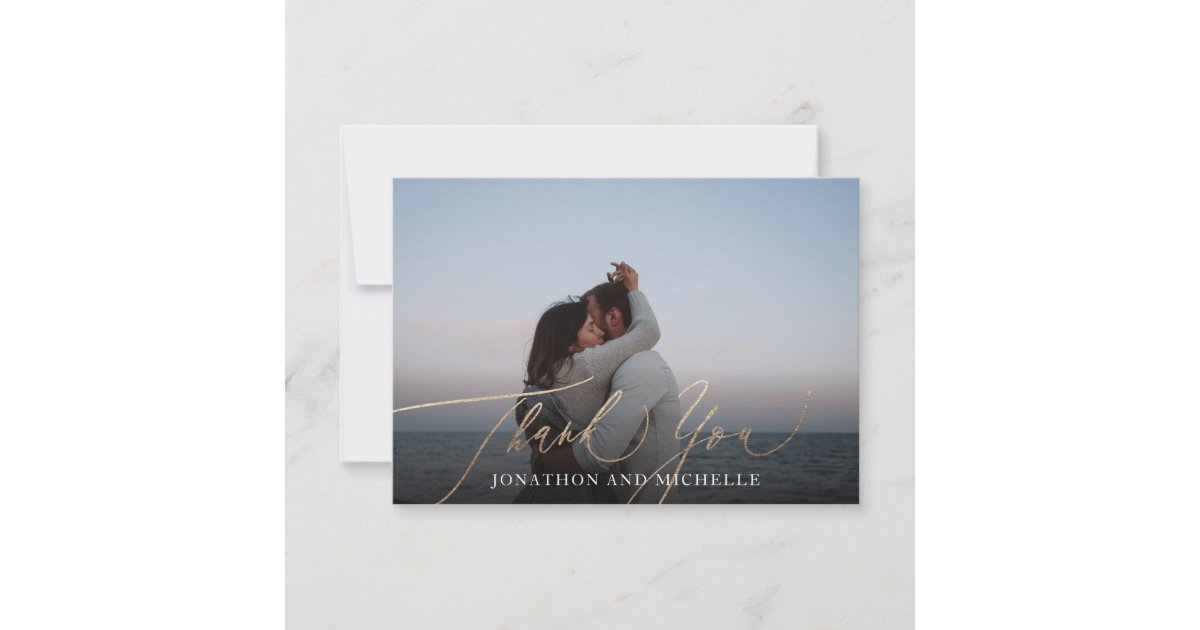 Navy Blue Elegant Gold Calligraphy Wedding Photo Thank You Card | Zazzle