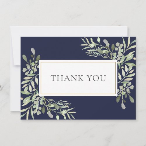 Navy Blue Elegant Gold Emerald Greenery Foliage Thank You Card