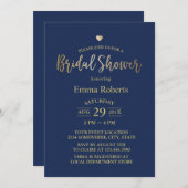 Navy Blue Elegant Gold Heart Bridal Shower Invitation (Front/Back)