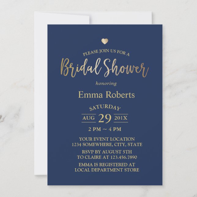 Navy Blue Elegant Gold Heart Bridal Shower Invitation (Front)
