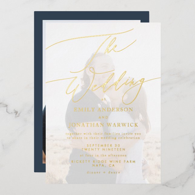 Navy Blue Elegant Gold Photo Overlay Wedding Foil Invitation (Front/Back)