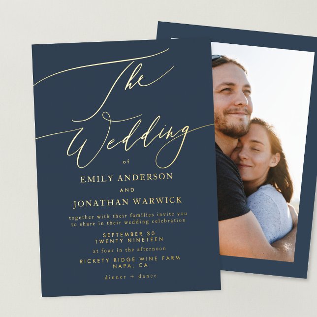Navy Blue Elegant Gold Photo Overlay Wedding Foil Invitation (Creator Uploaded)