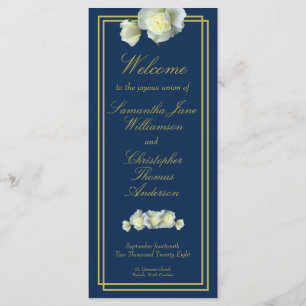 Navy Blue Elegant Gold Script Framed White Rose Program