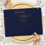 Navy Blue Elegant Gold Script Return Address Envelope<br><div class="desc">Featuring signature script names,  this elegant return address envelope can be personalized with your names and address details in chic gold lettering on a navy blue background. Designed by Thisisnotme©</div>