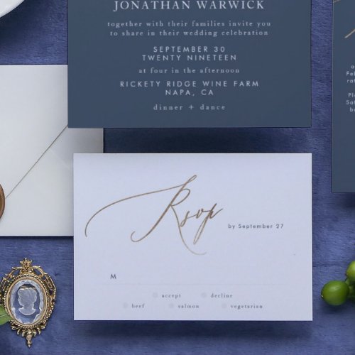 Navy Blue Elegant Gold The Wedding RSVP Card