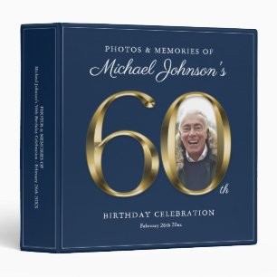Navy Blue Elegant GoldCustom Photo 60th Birthday 3 Ring Binder