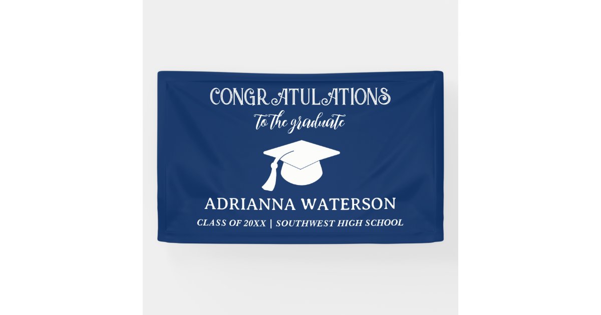 Navy Blue Elegant Graduation Hat Congratulations Banner | Zazzle