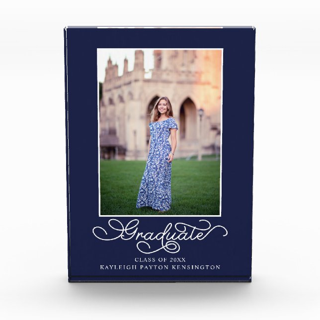 Navy Blue Elegant Graduation Photo Keepsake Block (Front)
