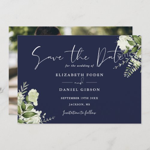 Navy Blue Elegant Greenery Floral Photo Wedding Save The Date