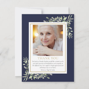 Navy Blue Elegant Greenery Gold Funeral Photo Thank You Card