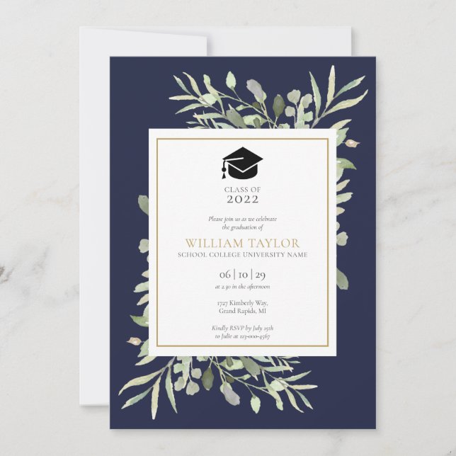 Navy Blue Elegant Greenery Photo Graduation Party  Invitation (Front)