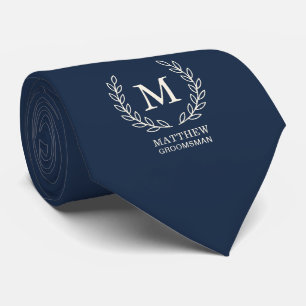 Navy Blue Elegant Groomsman Monogram Wedding Neck Tie