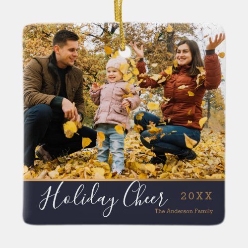 Navy Blue Elegant Holiday Cheer Faux Gold Photo Ceramic Ornament